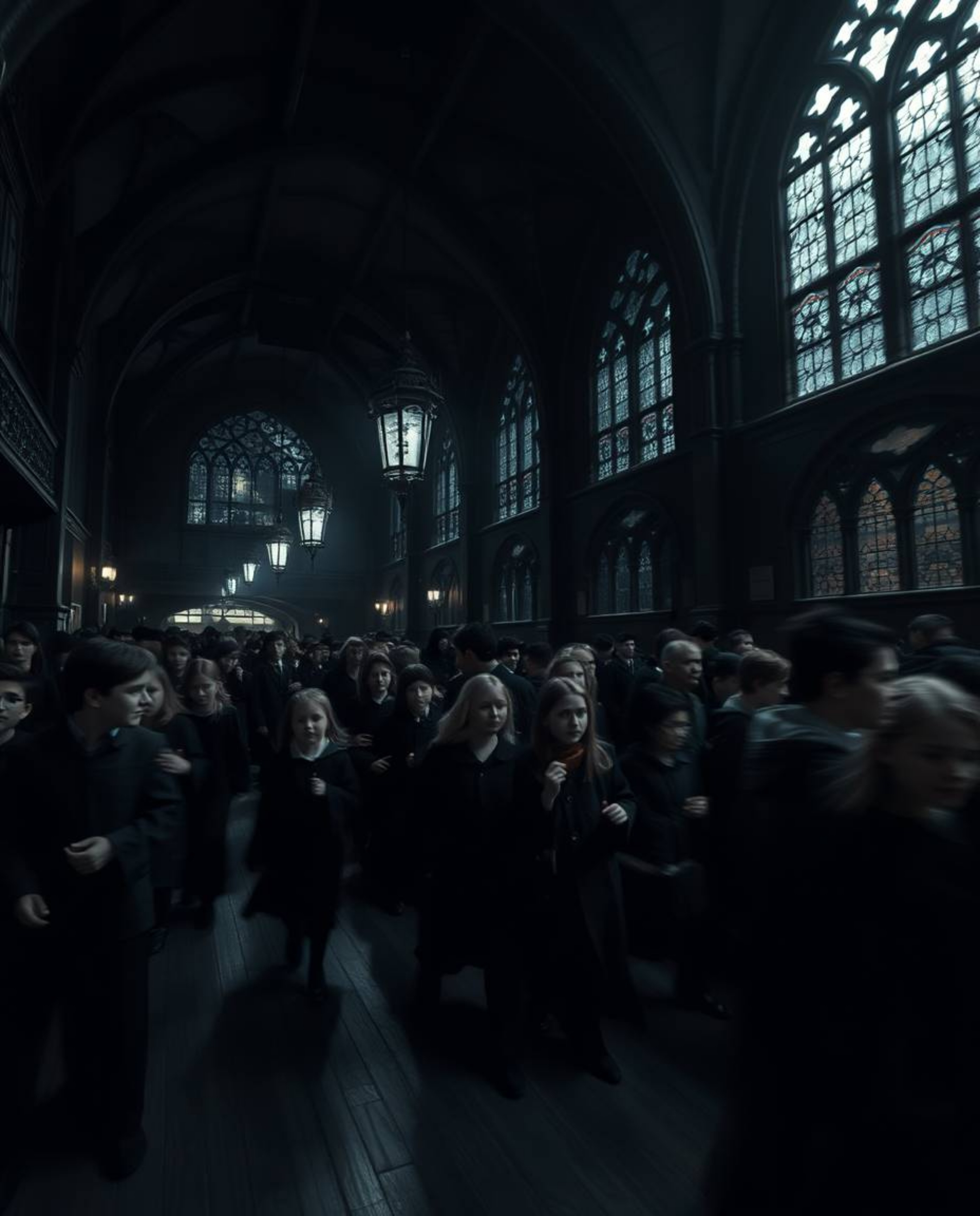 A captivating long-exposure photograph depicts a magical school brimming with young wizards.  Rendered in intense jet black w