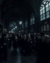 A captivating long-exposure photograph depicts a magical school brimming with young wizards. Rendered in intense jet black w