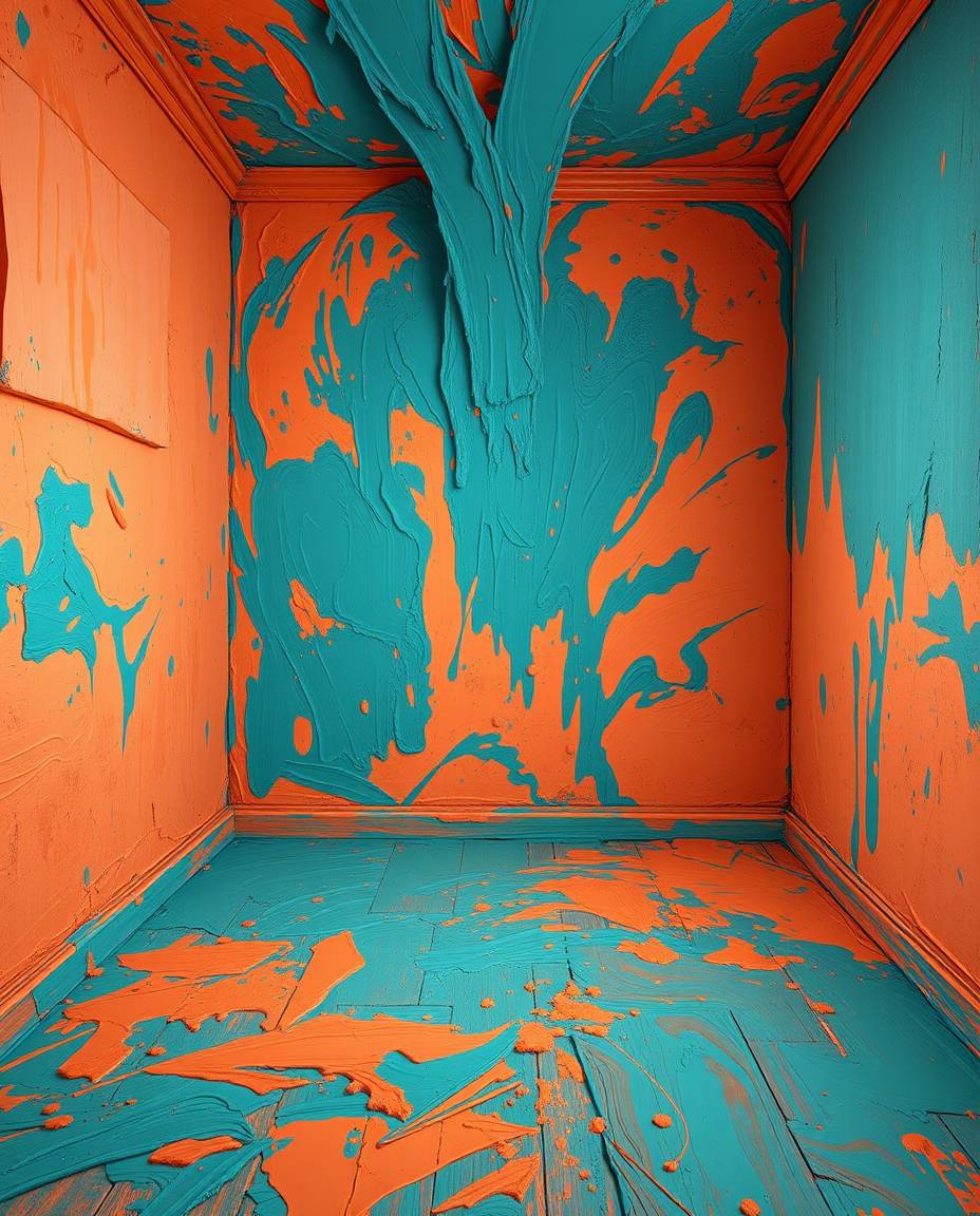 Experience the vibrant chaos of a room exploding with paint, rendered in the timeless style of an oil painting. Warm terracot