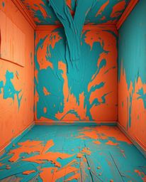 Experience the vibrant chaos of a room exploding with paint, rendered in the timeless style of an oil painting. Warm terracot