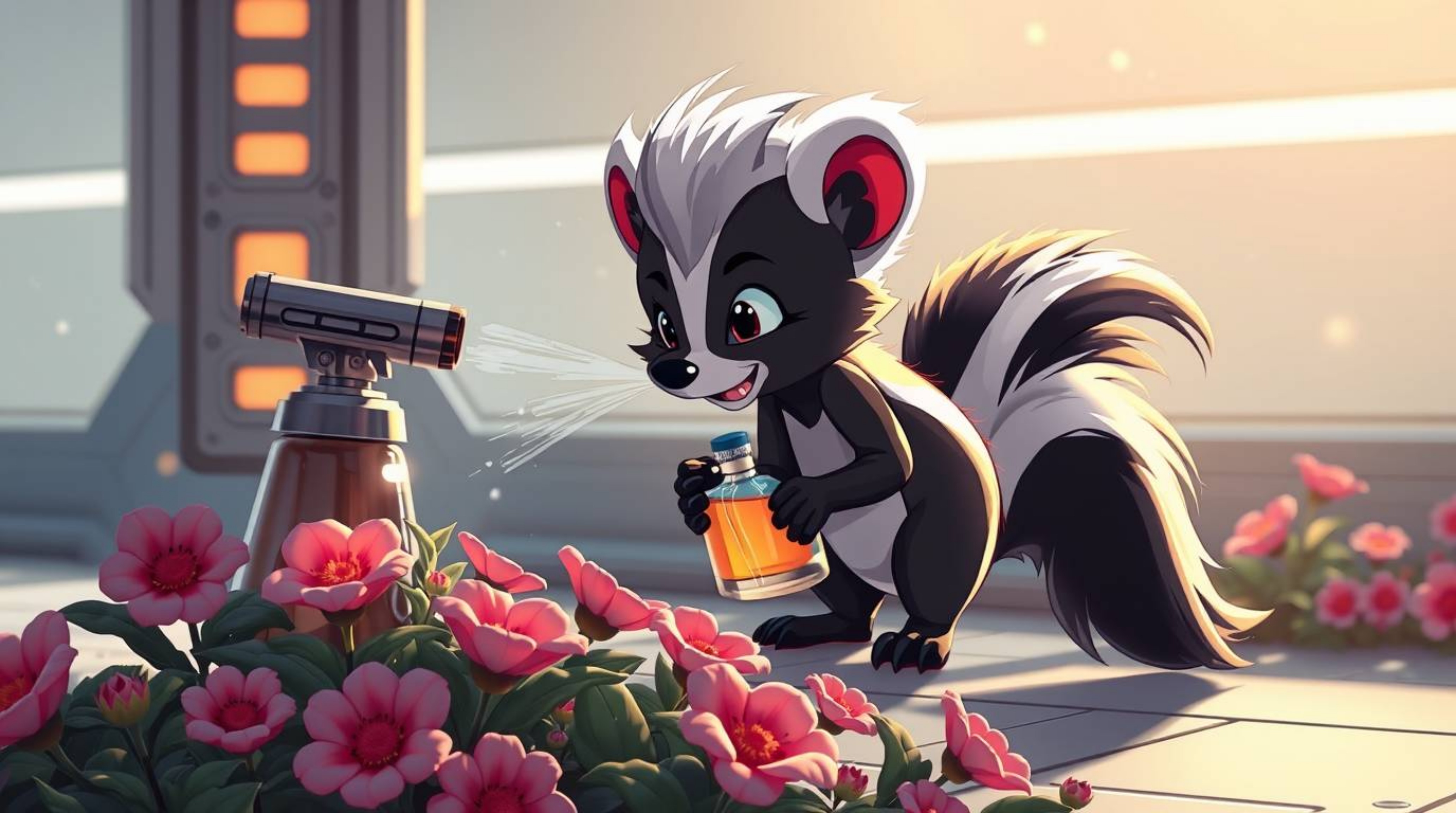 A futuristic sci-fi illustration showcases a charming cartoon skunk playfully spraying perfume onto delicate flowers. Rendere