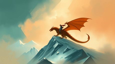 A captivating digital sketch depicts a majestic dragon and its rider soaring above formidable icy mountains. The artwork util