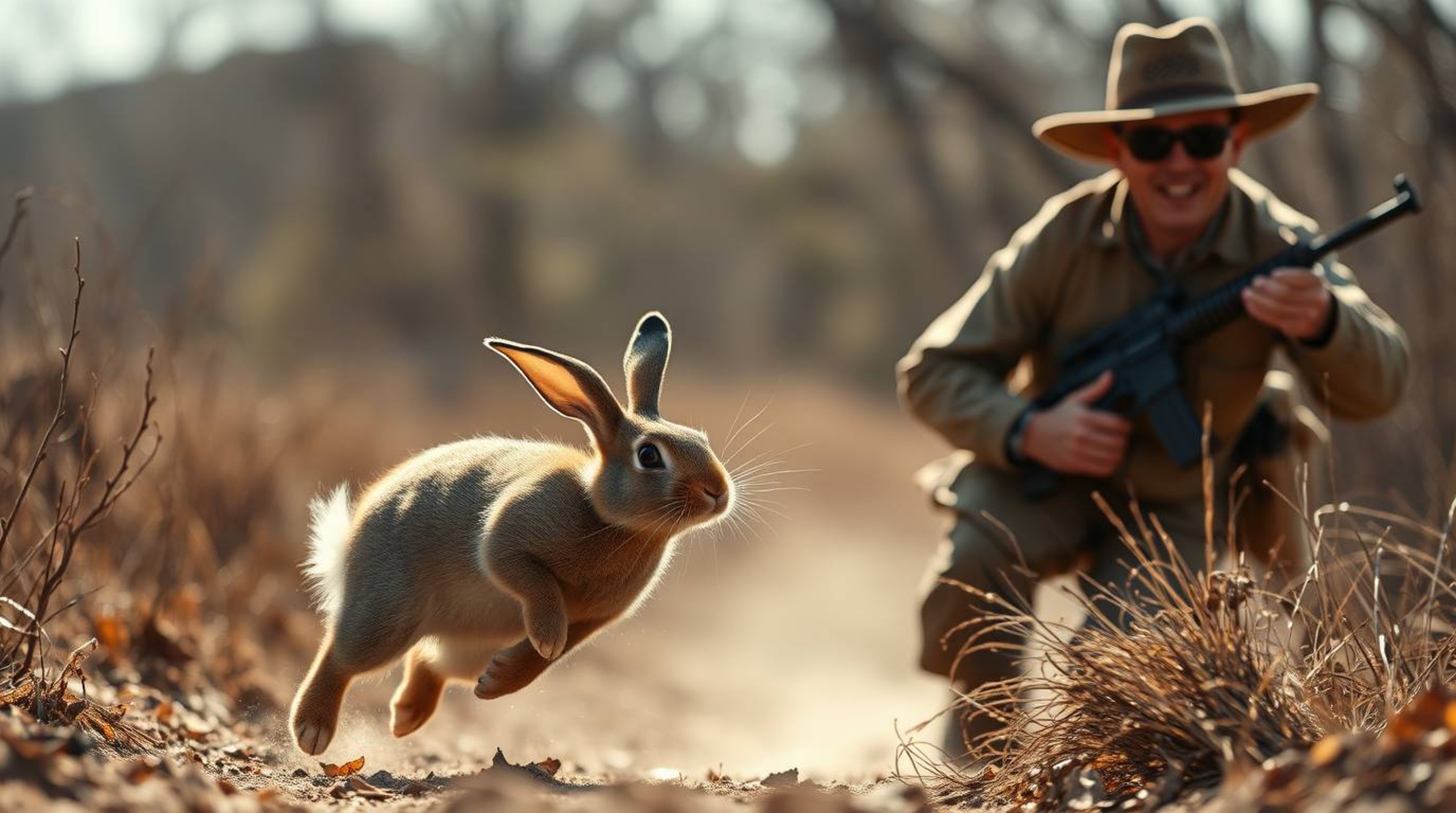 A photograph capturing a whimsical chase scene, featuring a wacky rabbit cleverly outmaneuvering a hunter with plenty of slap