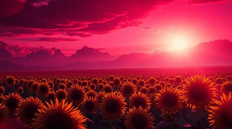 A breathtaking, epic depiction of a massive sunflower field bathed in the dramatic light of a deep red and purple sunset.  Th