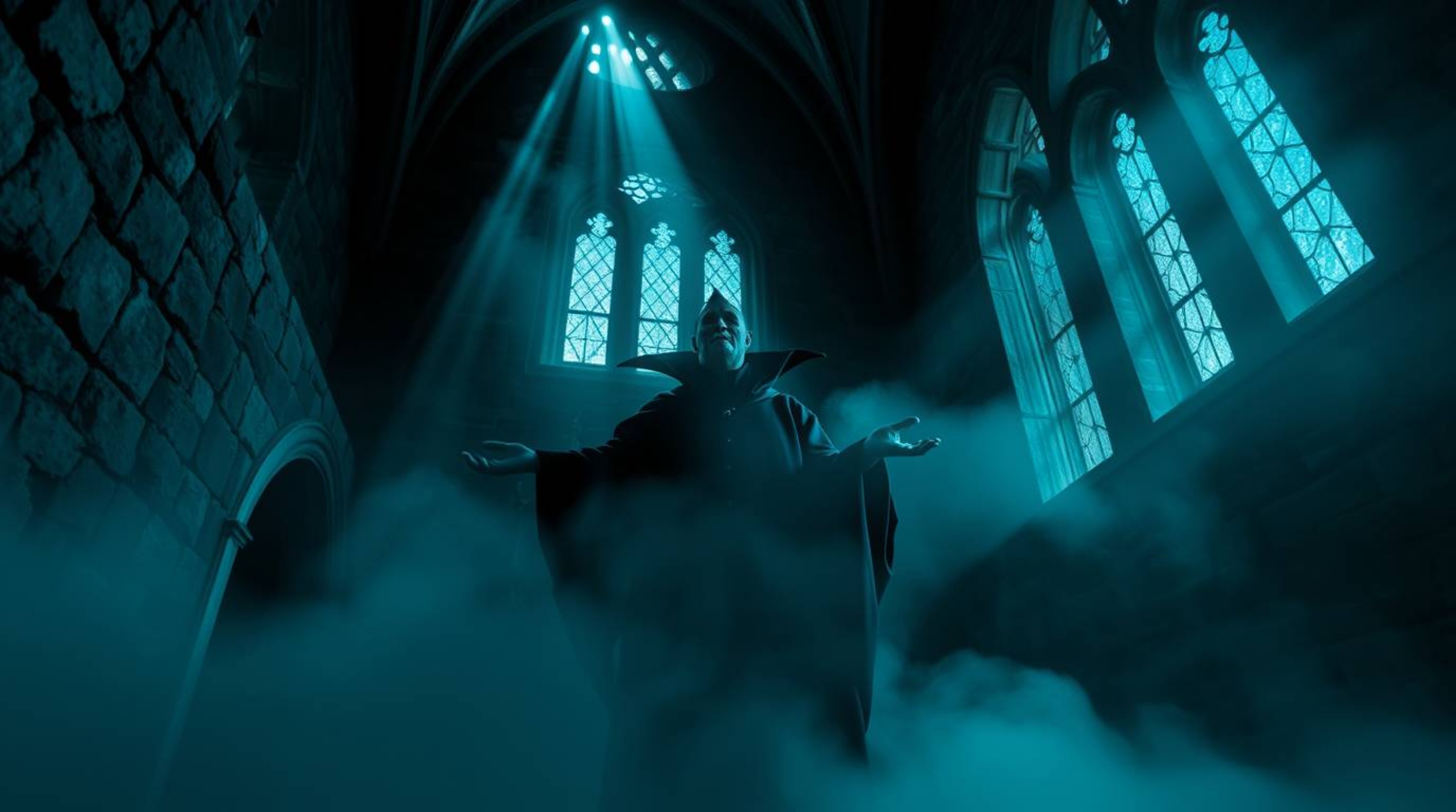 Experience a dramatic low-angle perspective of a classic Disney villain casting a spell within the ancient walls of an old ca