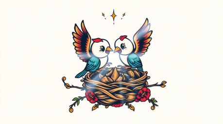 This symbolic traditional tattoo art print features two cartoon birds diligently building a nest in a captivating classic ani