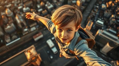 A captivating image showcases a young boy with golden-brown hair soaring above London, illuminated by a warm, golden glow rem