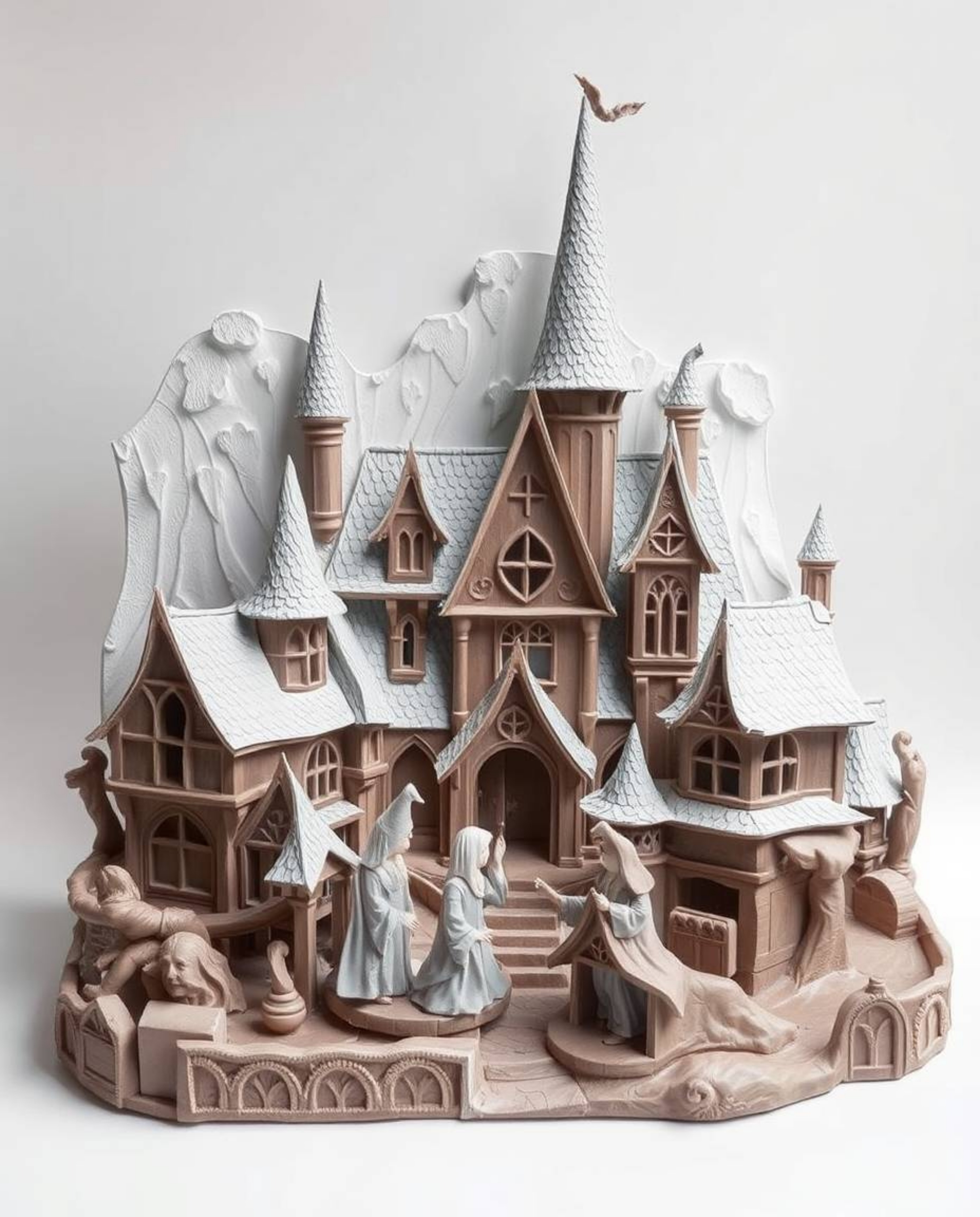 This graceful and elegant sculpted papier-mâché artwork depicts a magical school bustling with young wizards. The piece highl