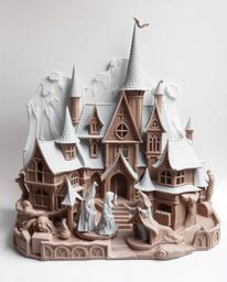 This graceful and elegant sculpted papier-mâché artwork depicts a magical school bustling with young wizards. The piece highl
