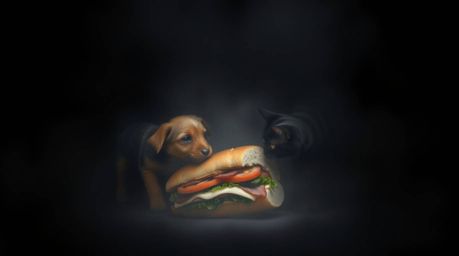 A dramatic, high-contrast image depicts a dog and a cat engaged in a fierce battle over a massive sandwich.  Thick fog and de