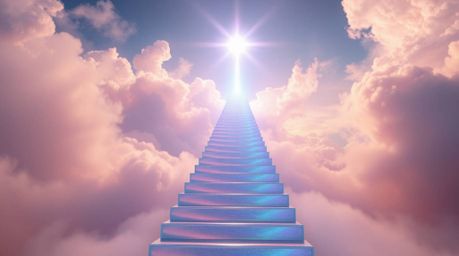A mesmerizing image depicts an iridescent stairway ascending through smoky clouds towards a radiant celestial light. This sur