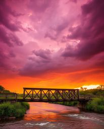 An extreme macro close-up captures the intricate details of an old wooden bridge over a river at sunset. The image is rendere