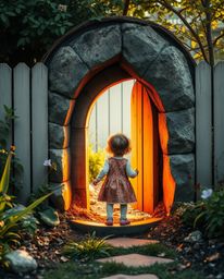 A captivating candid street photograph depicts a child's enchanting discovery of a mystical portal hidden in their backyard.