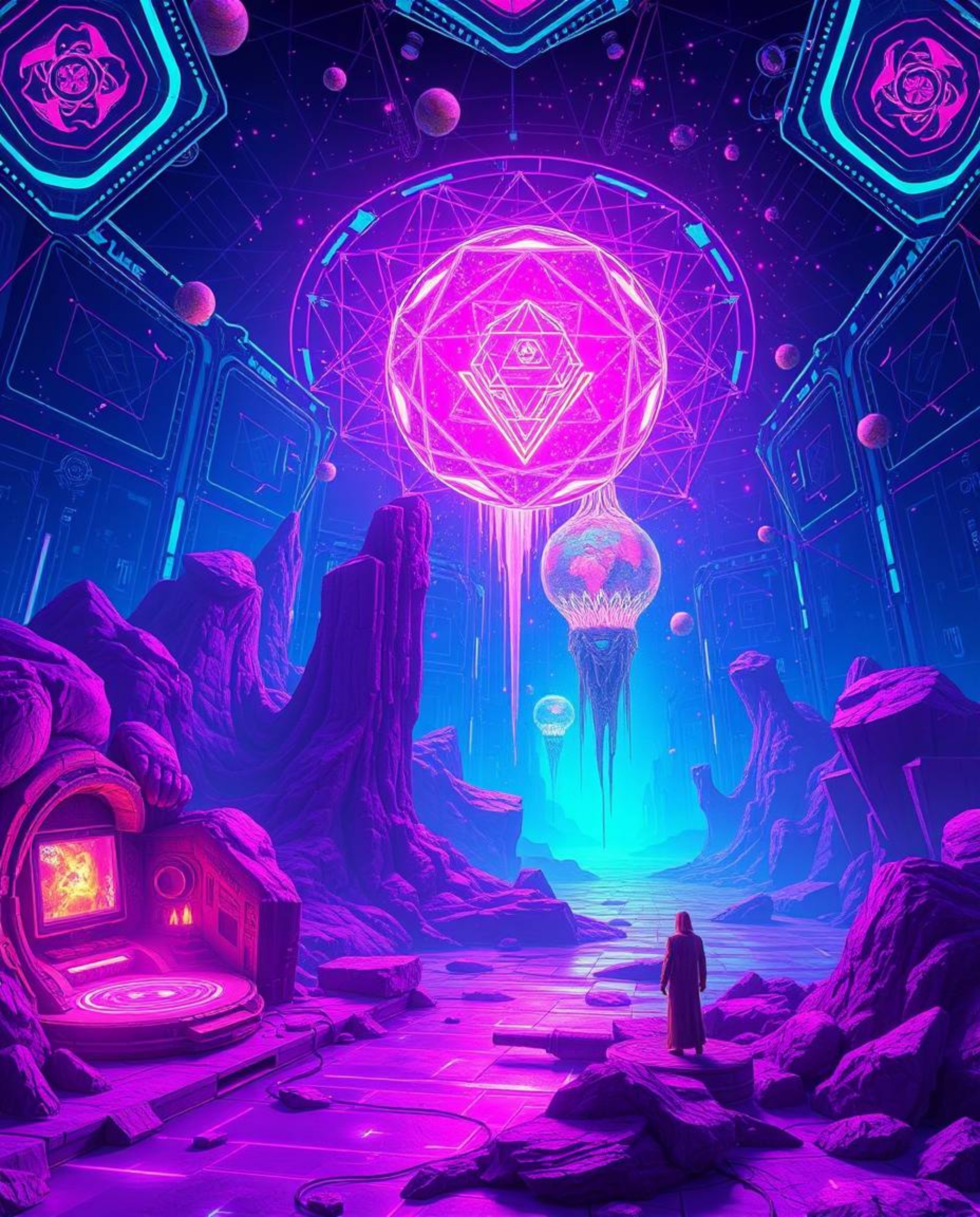 Explore dreamlike and surreal imagery featuring a futuristic digital interface composed of geometric patterns and a holograph