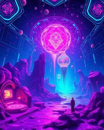 Explore dreamlike and surreal imagery featuring a futuristic digital interface composed of geometric patterns and a holograph