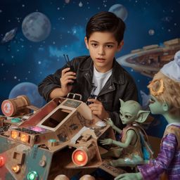 A captivating high-fashion photography piece depicts a young boy, with vibrant features and smooth skin, building an intricat