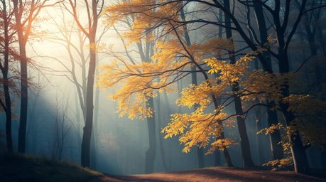 A captivating digital painting depicting a dreamy autumn forest bathed in the golden light of a sunset.  The scene features h