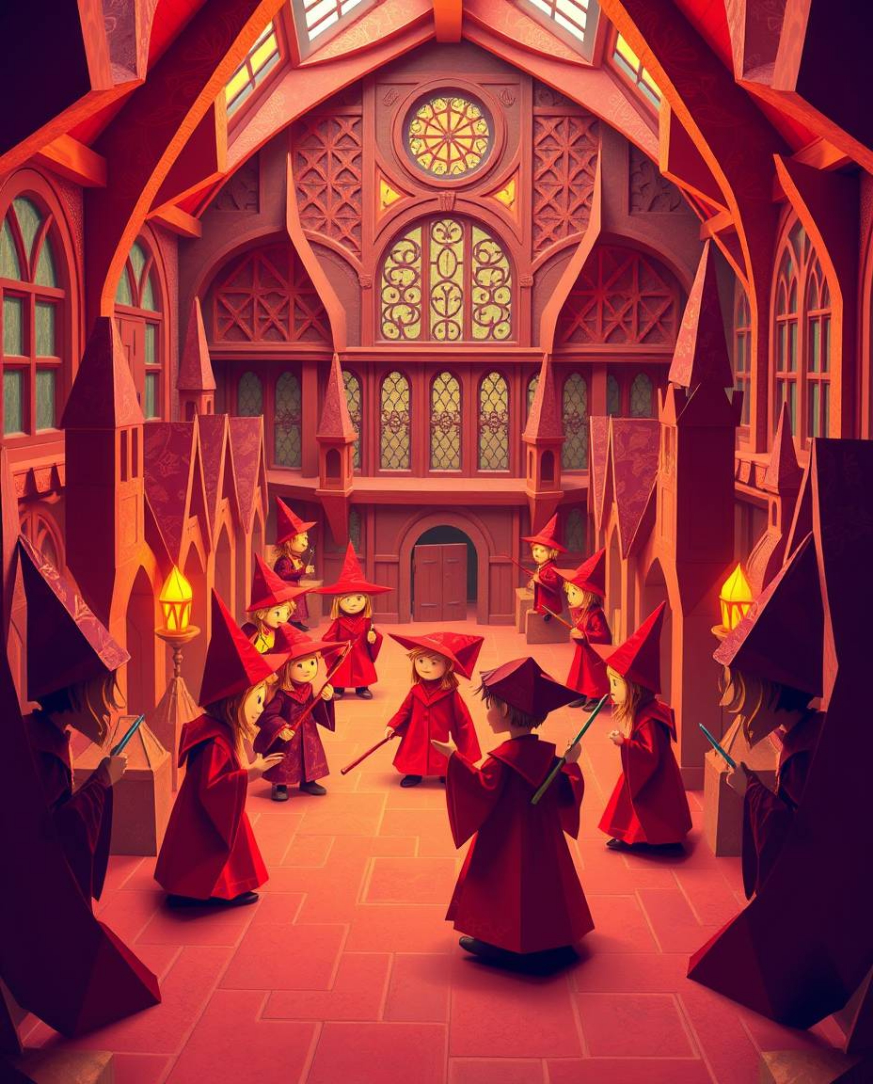 Immerse yourself in a magical school brimming with young wizards, rendered in a warm and intricate origami style. This artwor