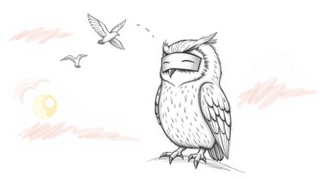 A whimsical, hand-drawn sketch in Pixar style depicts a kind, blind owl with subtly textured feathers, imparting its wisdom b
