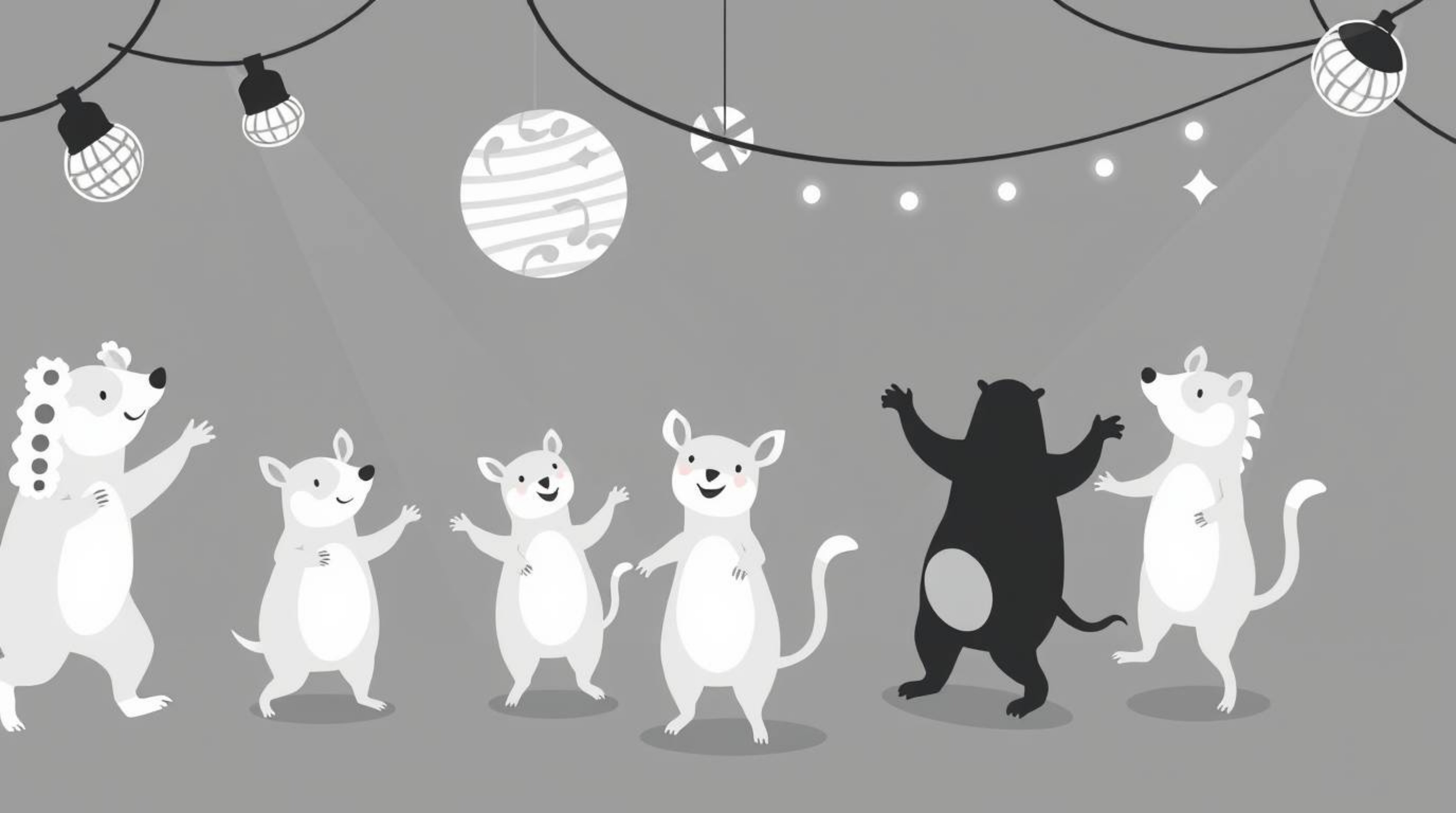 A classic black and white modern flat design illustration captures a simple animal dance party scene, complete with vibrant d