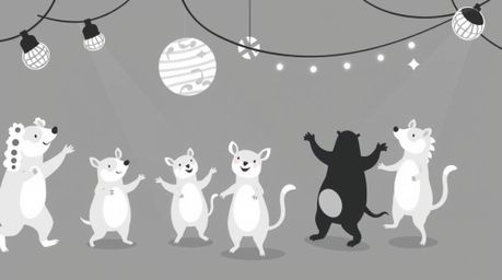 A classic black and white modern flat design illustration captures a simple animal dance party scene, complete with vibrant d
