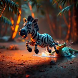 This professional photograph captures a vibrant scene of a 3D cartoon zebra leaping from a jungle clearing.  Glowing biolumin