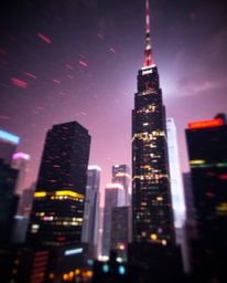 Immerse yourself in a glitchy digital landscape featuring distorted skyscrapers and pervasive static noise. The image is mast