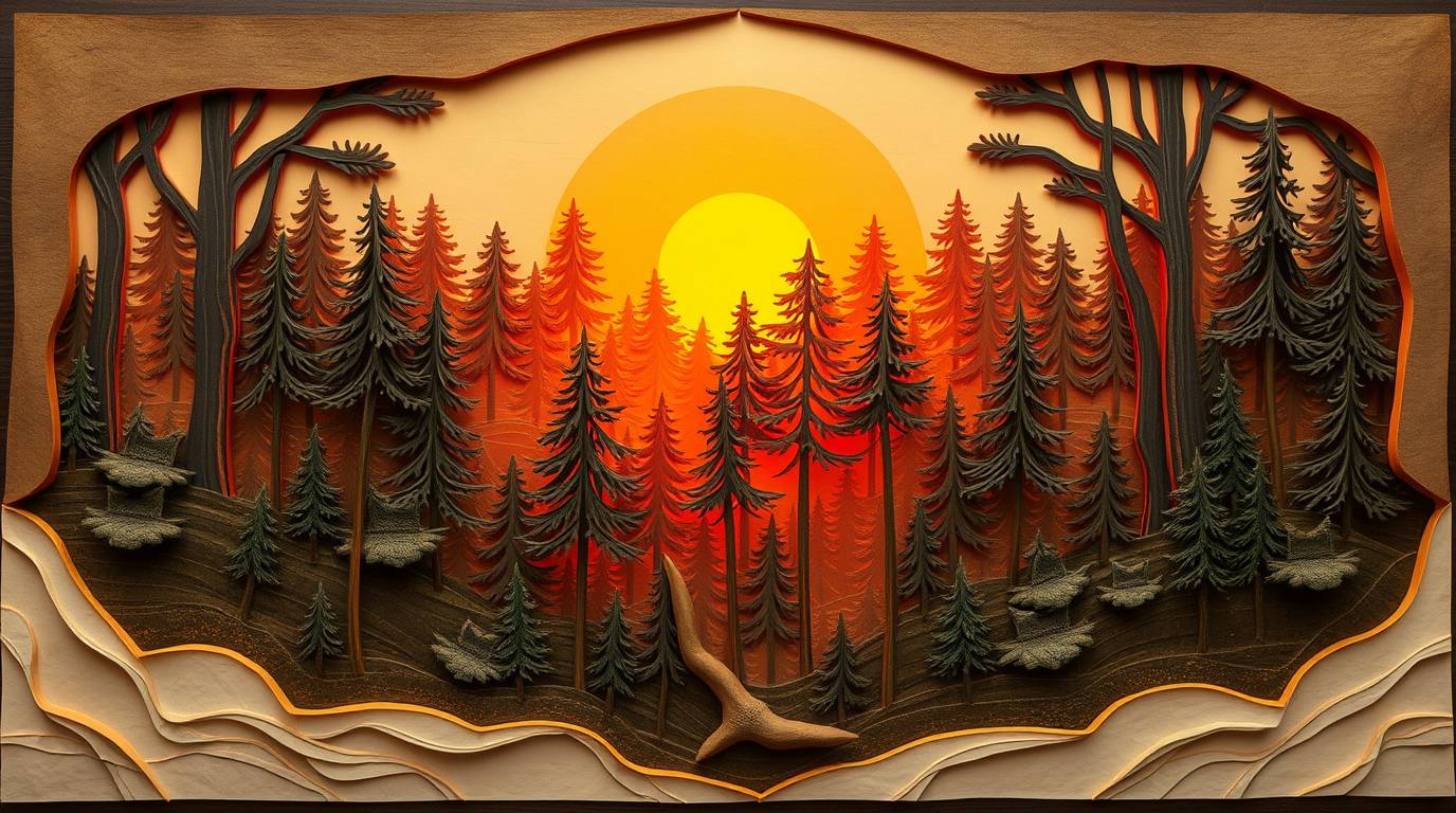 A stunning layered papier-mâché artwork captures the ethereal beauty of sunset light filtering through a dense forest.  The p