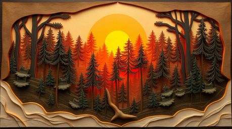 A stunning layered papier-mâché artwork captures the ethereal beauty of sunset light filtering through a dense forest.  The p