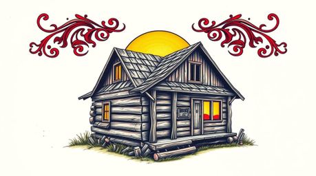 This vibrant retro tattoo-style print features an old wooden cabin bathed in the warm glow of sunset. The design boasts compl