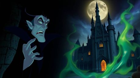 A classic Disney villain, known for their sharp features and pale skin, is depicted casting a powerful spell within the impos