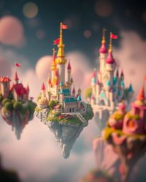 Discover a vibrant kingdom where colorful floating islands and castles soar amidst a soft, cinematic haze. Rendered with a b