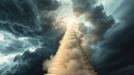 This high-resolution stock photo captures a mesmerizing winding stairway of smoke and light, ascending dramatically into a st