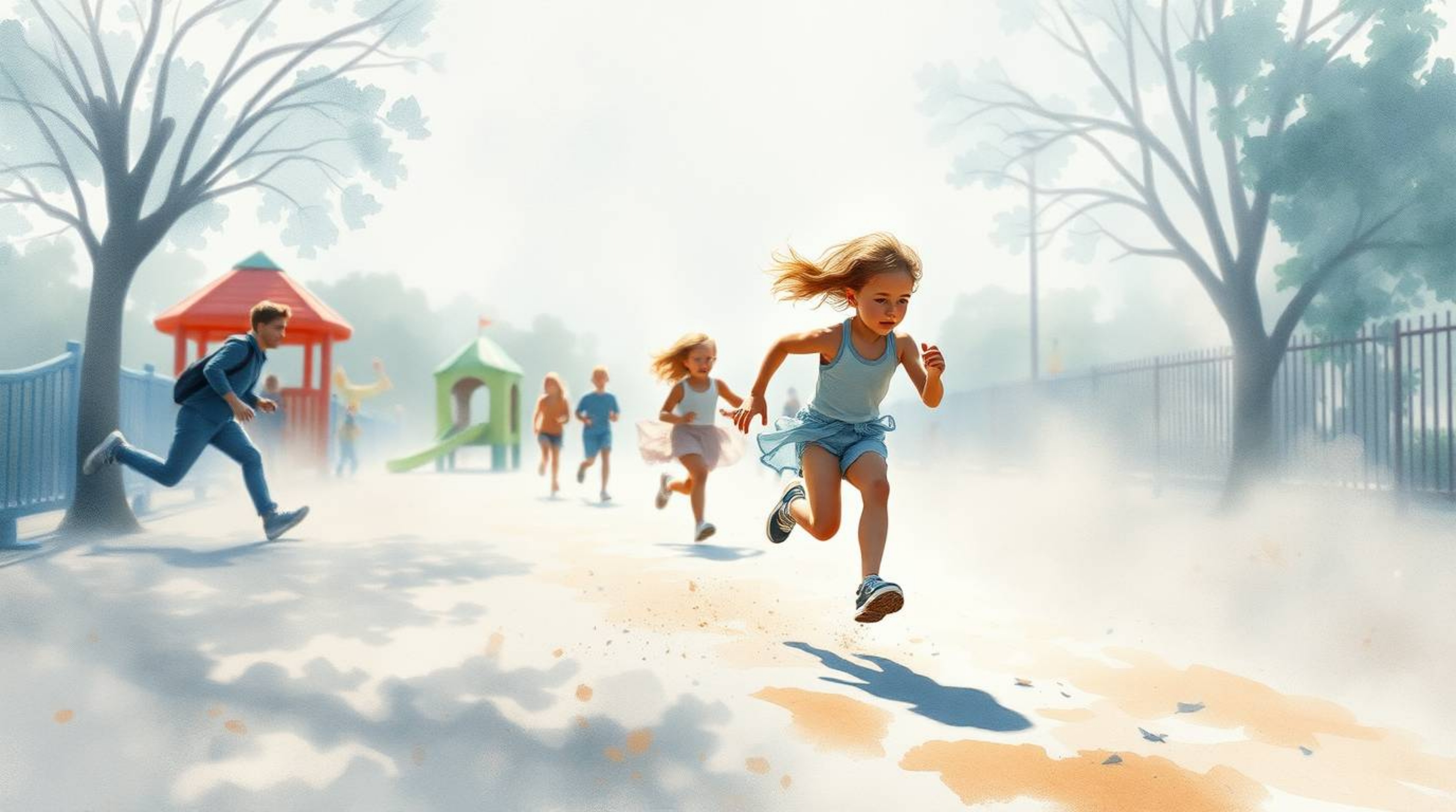 A captivating watercolor painting depicts a dramatic slow-motion run through a playground.  The artwork showcases elegant and