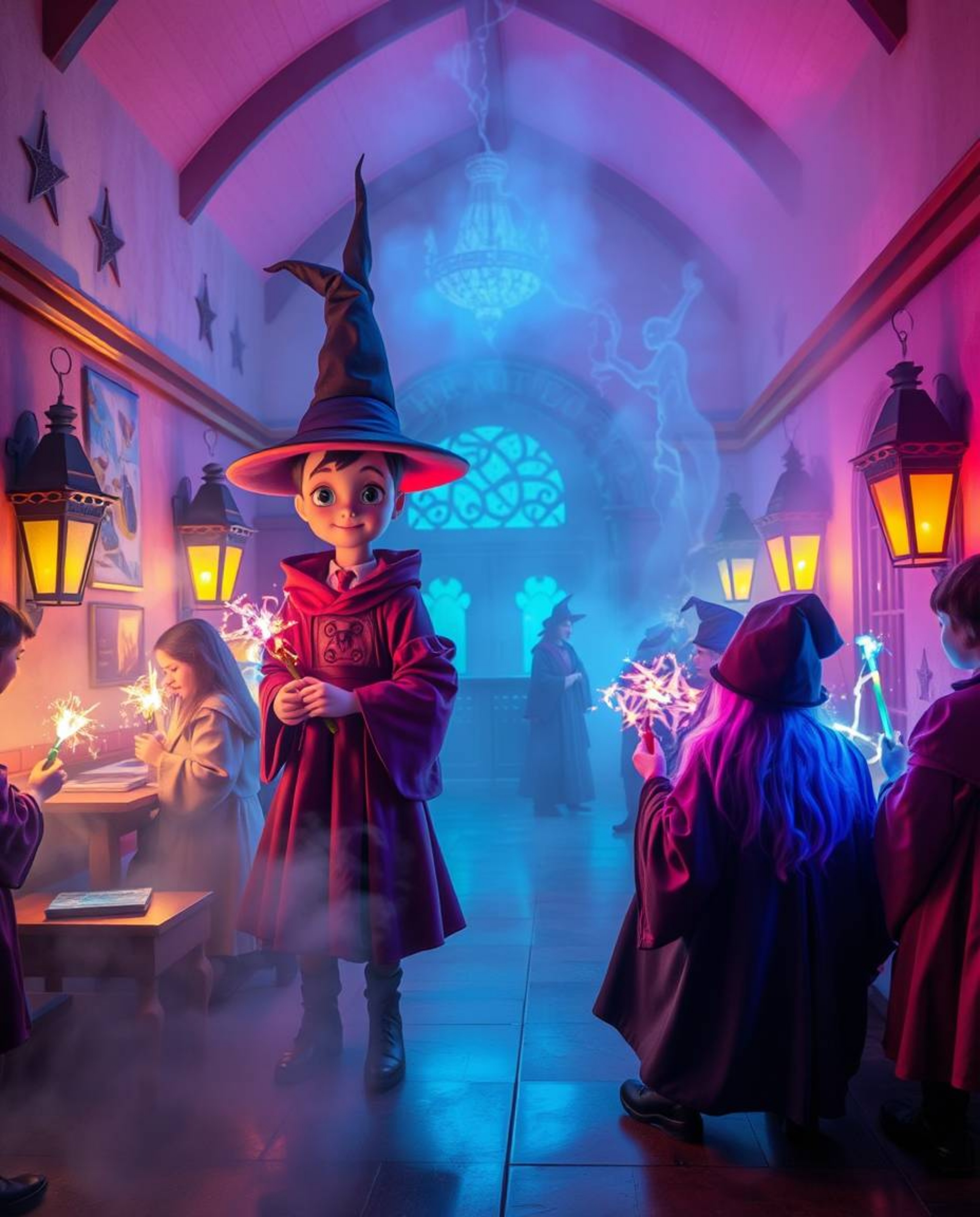 Immerse yourself in a magical school brimming with young wizards, vibrant electric colors, and a dreamlike atmosphere.  Exper