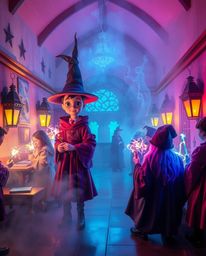 Immerse yourself in a magical school brimming with young wizards, vibrant electric colors, and a dreamlike atmosphere.  Exper