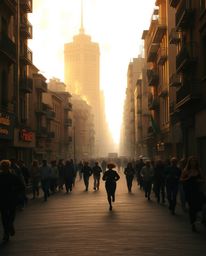 A captivating image depicting a city engulfed in flames during the warm golden hour, capturing the chaotic scene of people ru