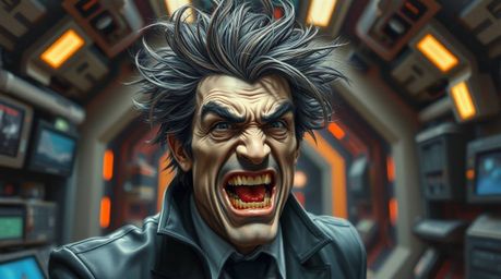 Witness a hilarious and visually stunning scene: a villain with wild hair and a distraught expression undergoing a funny brea