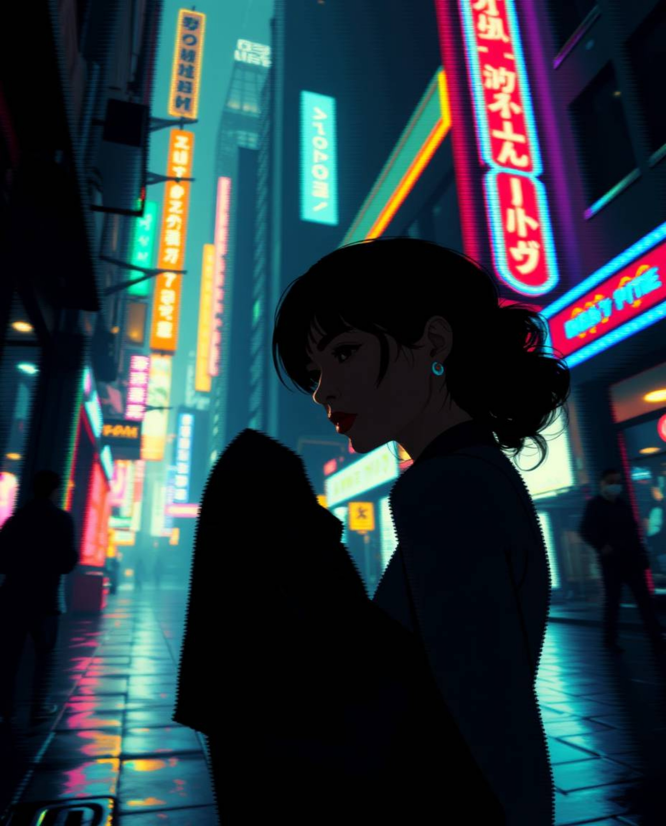 A captivating pixelated glitch art image depicting a cyberpunk street scene.  The artwork features dramatic chiaroscuro light