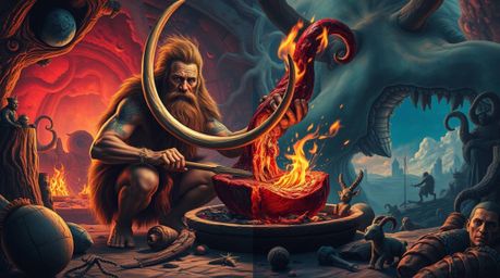 Experience a dreamlike journey into a surreal caveman world where a primitive cook prepares mammoth meat amidst bold colors a