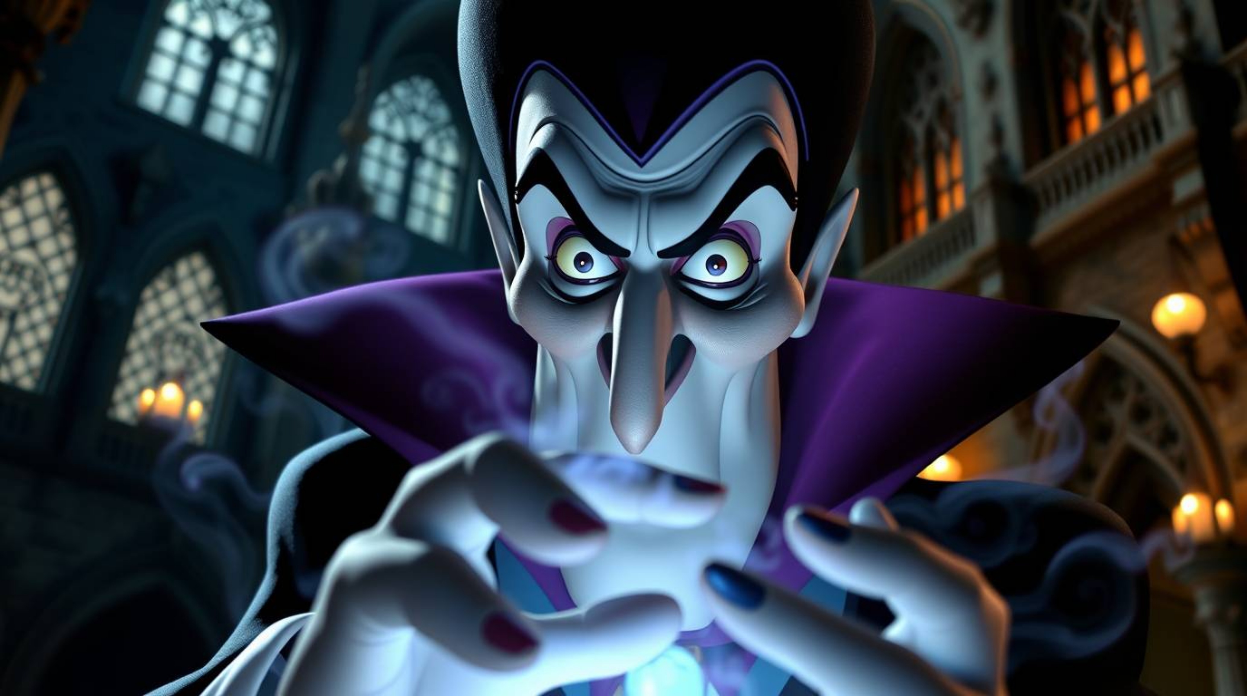 This high-resolution stock photo captures a classic Disney villain with meticulously detailed facial features and dark, expre