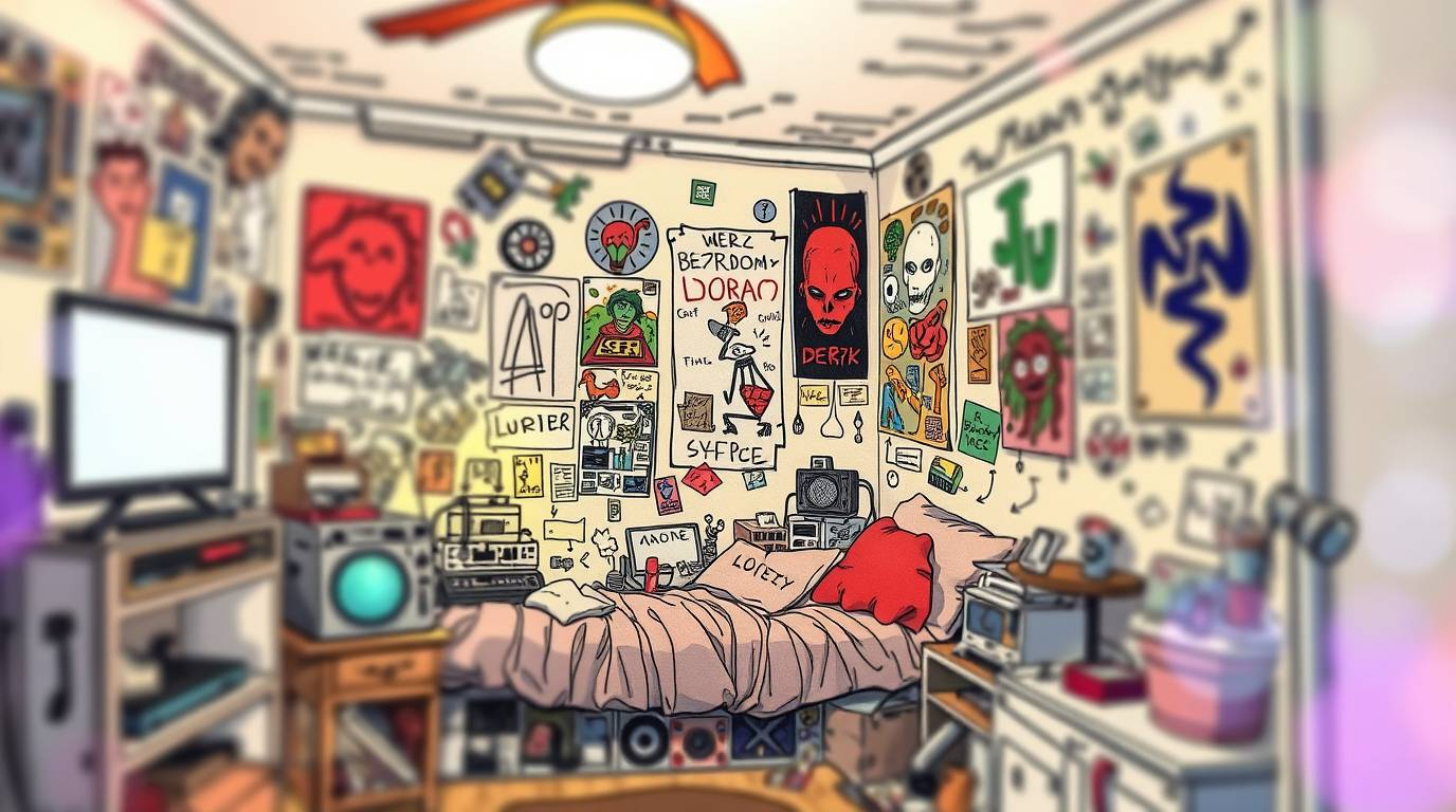 Explore a vibrant and chaotic bedroom scene through creative light art techniques. This piece captures a messy space filled w