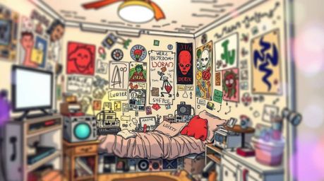 Explore a vibrant and chaotic bedroom scene through creative light art techniques. This piece captures a messy space filled w