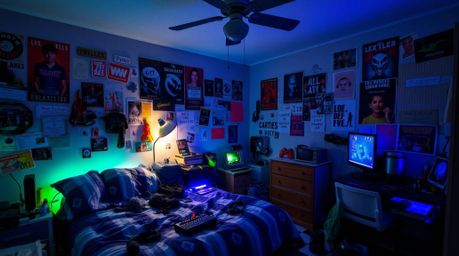 Discover a vibrant and magical bedroom scene, glowing with bioluminescent colors and strewn with unique gadgets and posters. 
