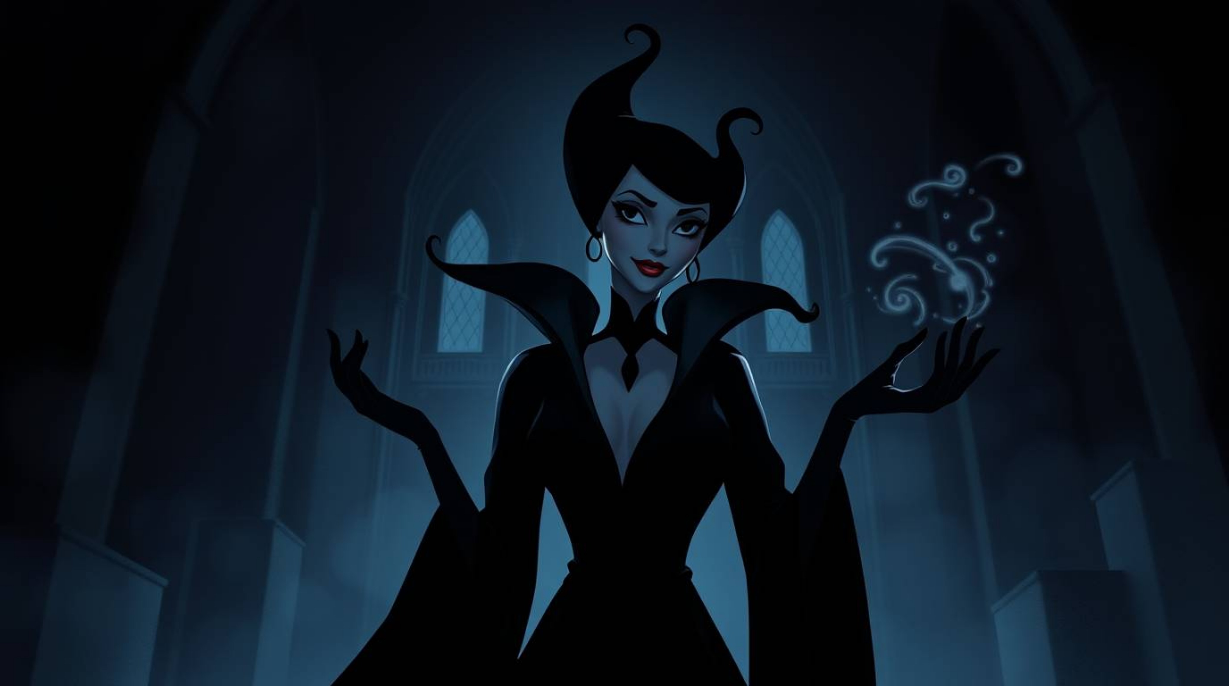 A captivating digital painting depicts a graceful Disney villain, exquisitely rendered in jet black, casting a spell within a