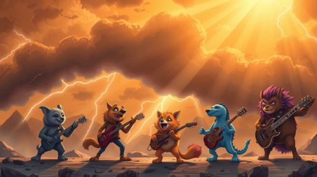 Witness a spectacular scene of a cartoon animal rock band performing amidst a dramatic storm.  Bathed in a warm, luxurious go