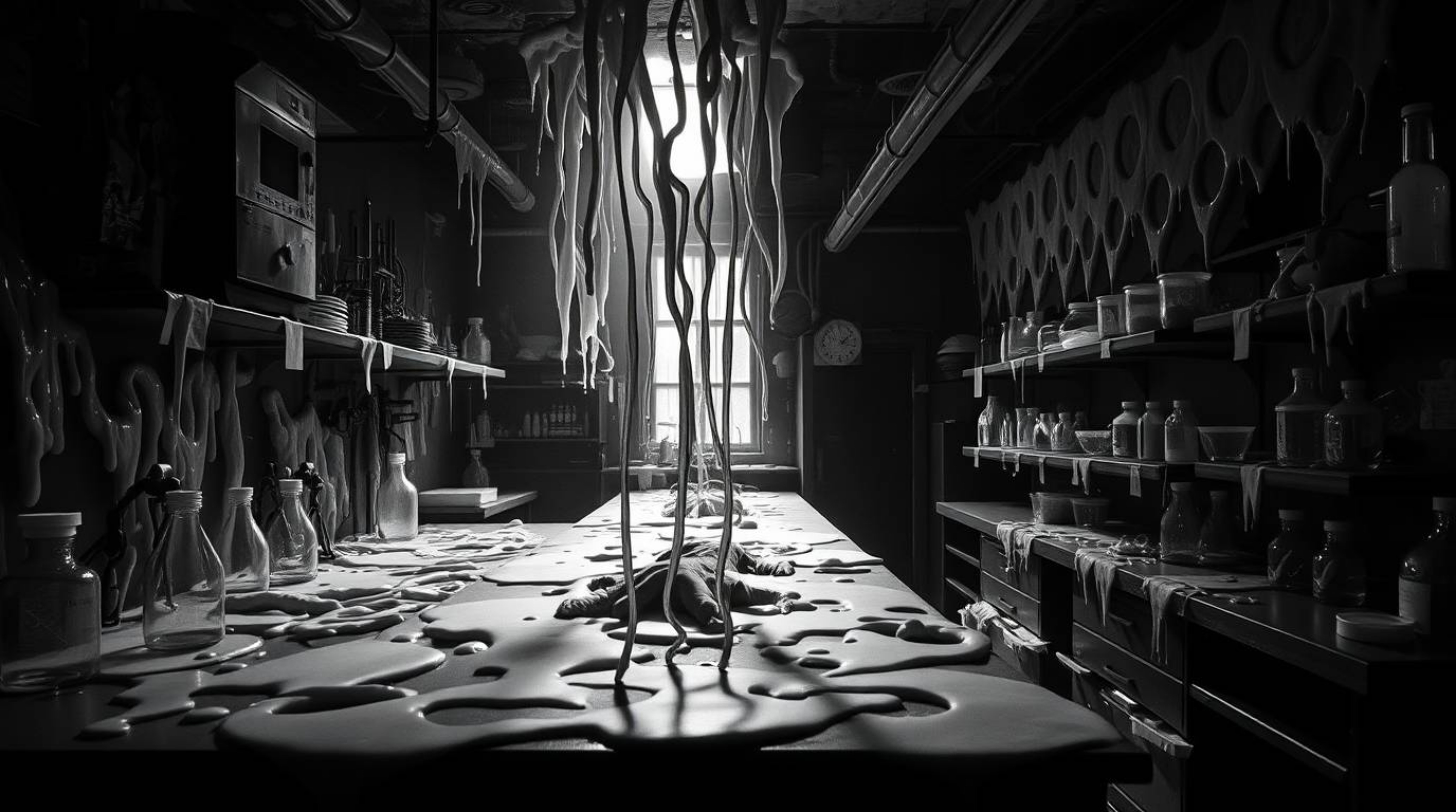 A captivating, dreamlike image of a slime-covered science lab, rendered in classic black and white.  High contrast and low-ke