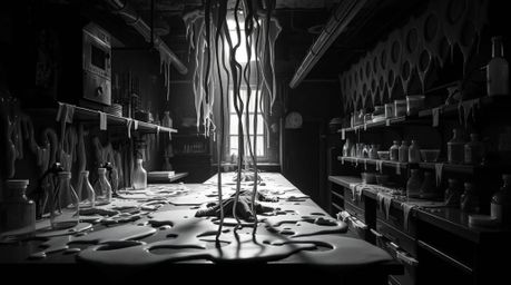A captivating, dreamlike image of a slime-covered science lab, rendered in classic black and white.  High contrast and low-ke