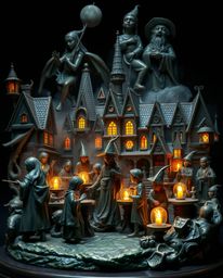 This cast bronze sculpture captures a magical school brimming with young wizards, creating a mystic and enchanting environmen