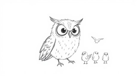 A heartwarming hand-drawn sketch in the style of Pixar depicts a blind owl with expressive eyes, using smell, sound, and intu